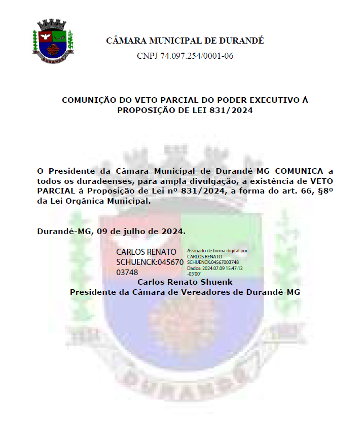 COMUNICAÇÃO DO VETO PARCIAL DO PODER EXECUTIVO À PROPOSIÇÃO DE LEI 831/2024